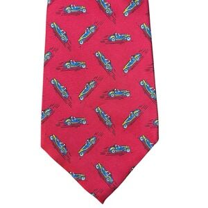 Ralph Lauren Red Silk Tie Vintage Car Print Hand Finished 4" Made In USA